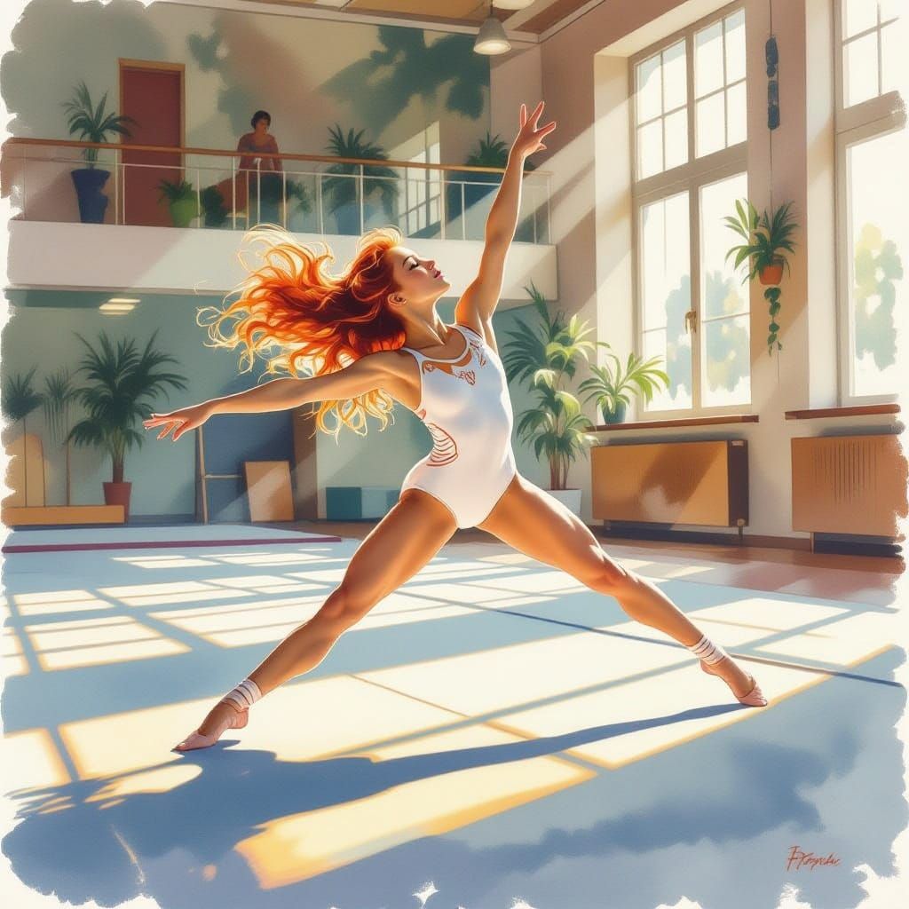 Glowing Gymnast in Art Nouveau Watercolor Style