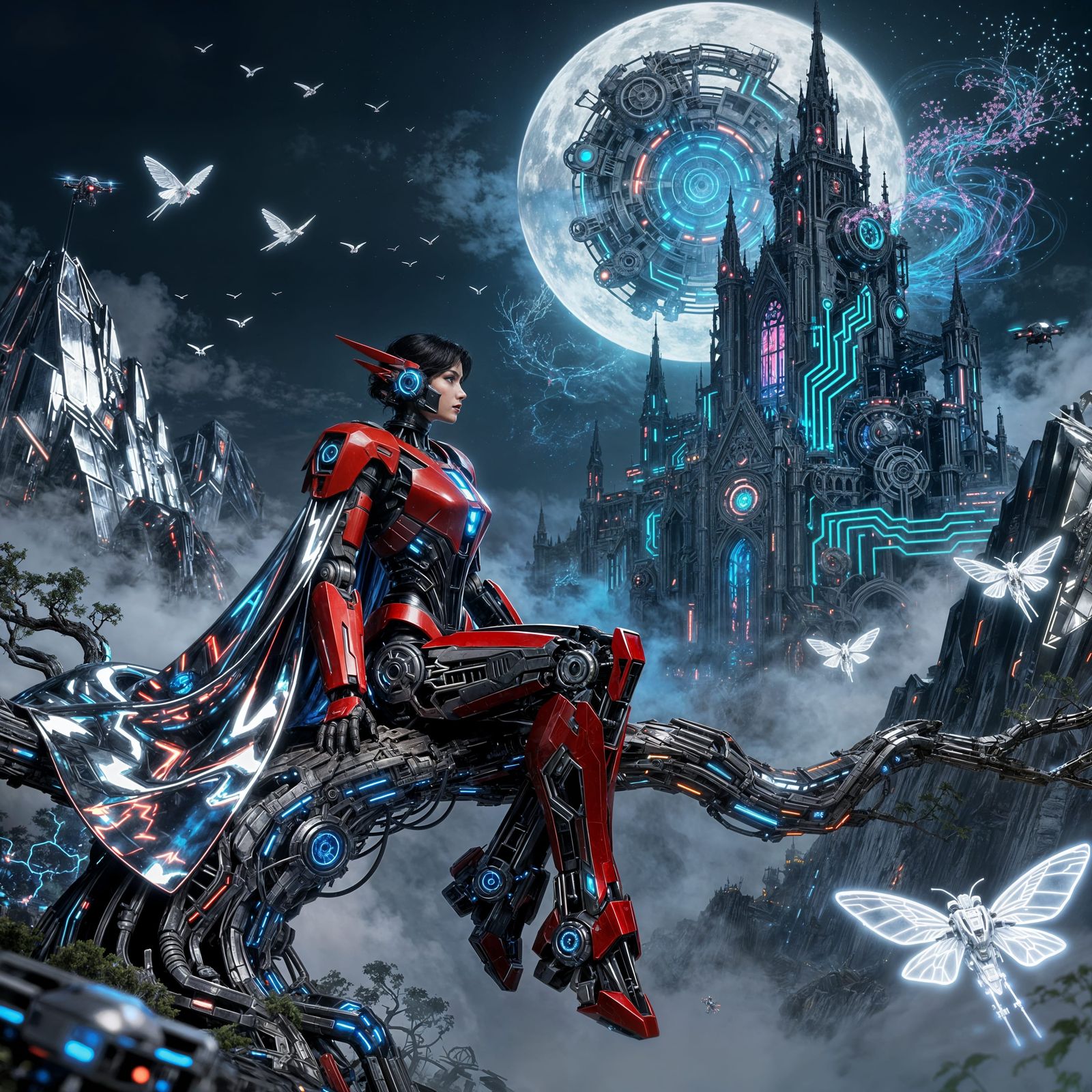 Transformer Warrior on Cybernetic Tree Overlooking Techno-Ca...