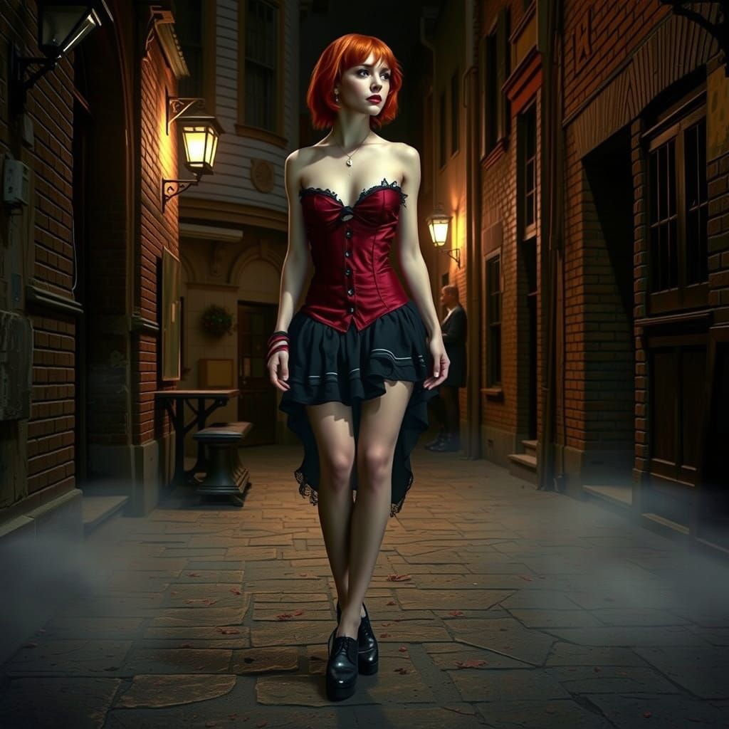 woman in foggy night city backstreet