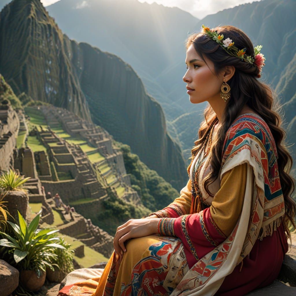 Wise Woman Sharing Wisdom at Machu Picchu in Art Nouveau Sty...