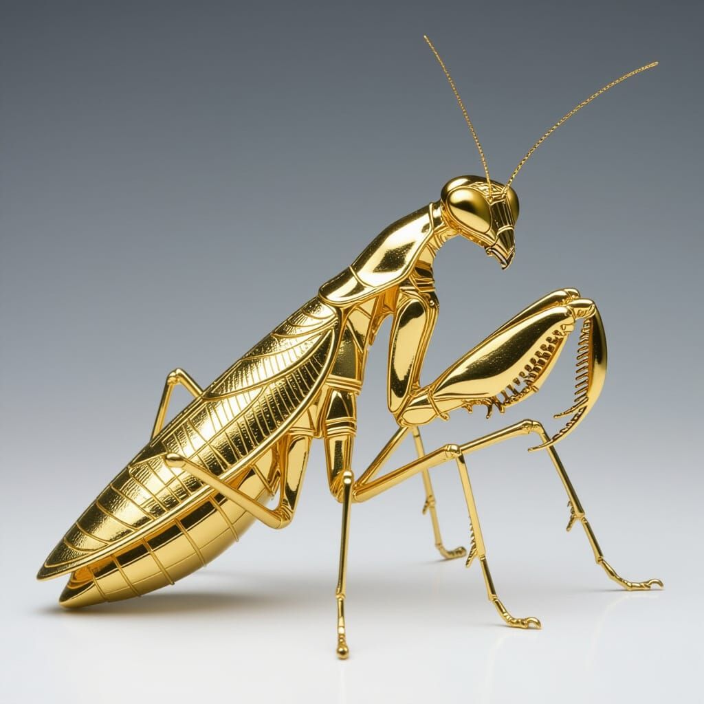 Golden Praying Mantis Sculpture with Metallic Sheen