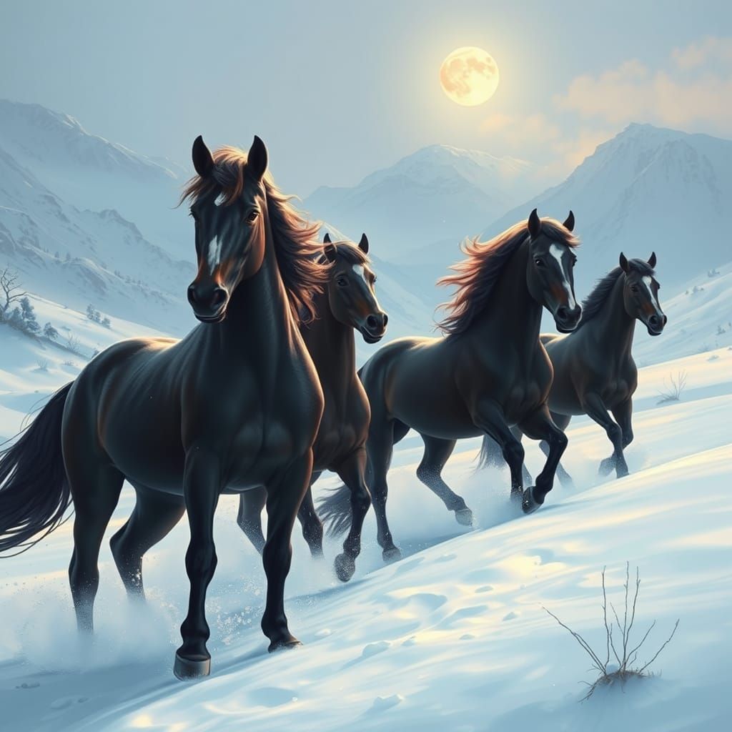 Majestic Black Horses Ride Under Snowy Mountains at Dusk