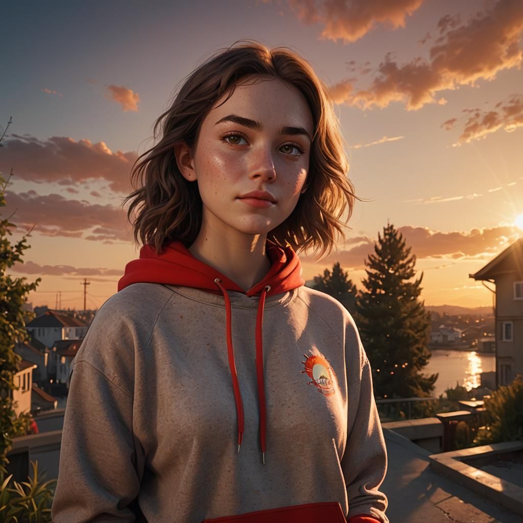 Girl in Red Hoodie Sunset Portrait, Fantasy Art