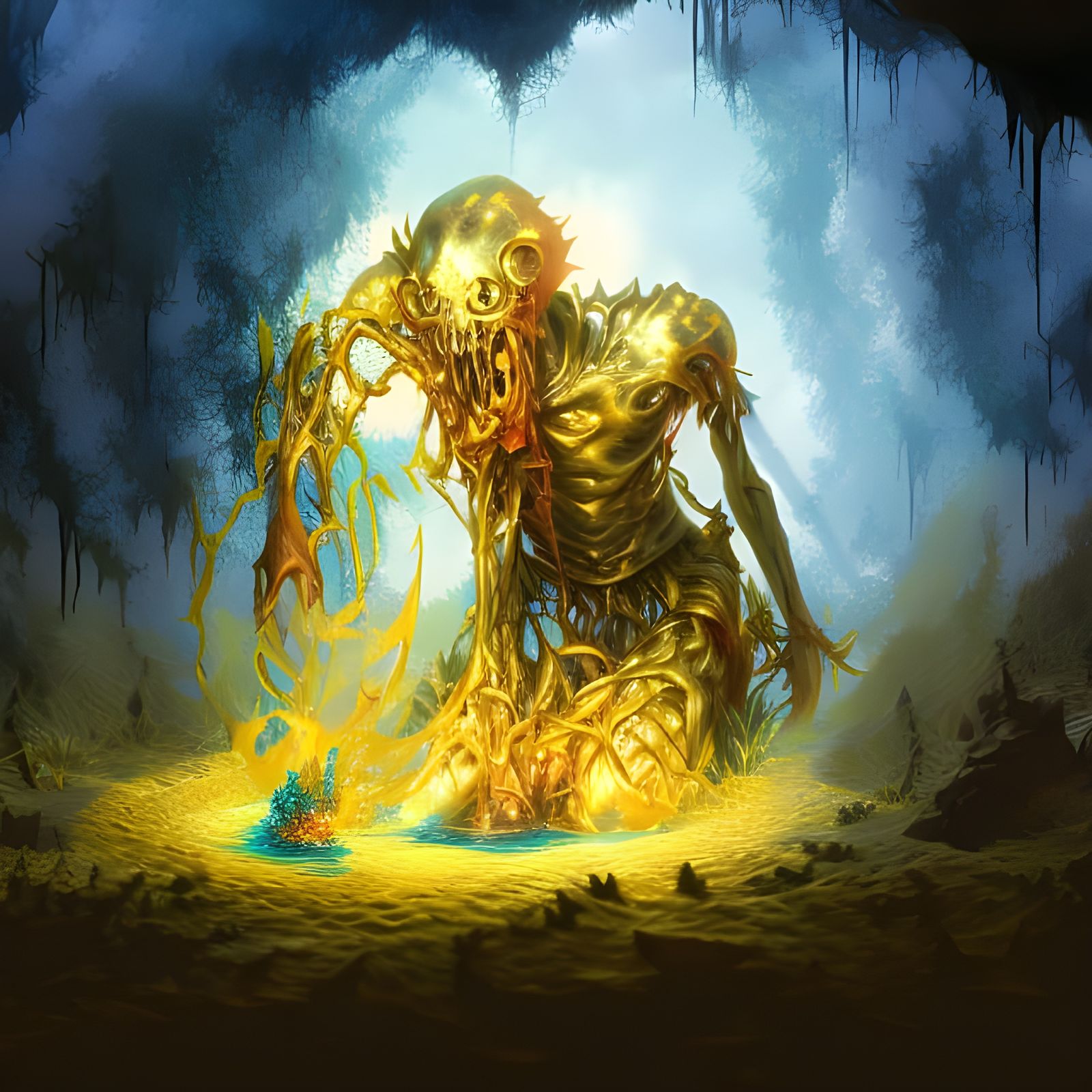 Golden Nightmare: Skeleton Rising, Hyperrealistic Art