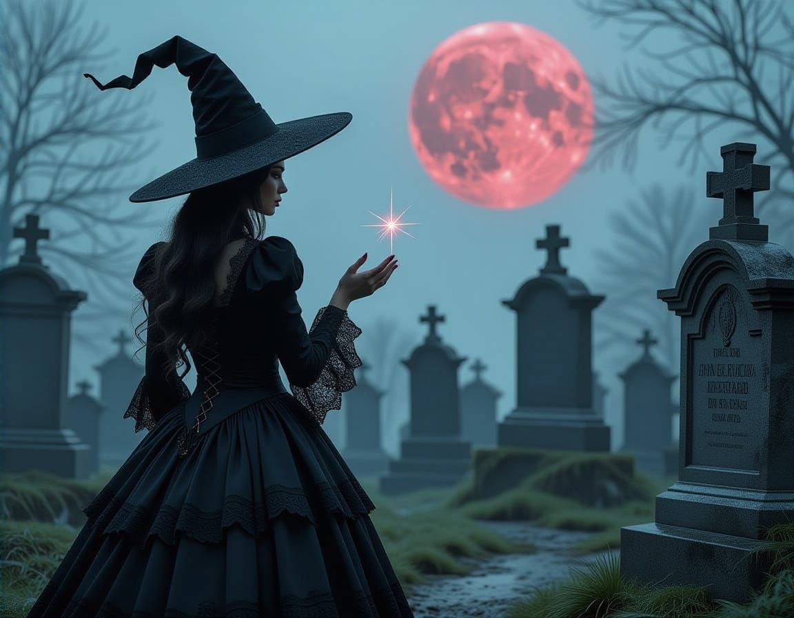 Witch Beckoning into a Sparkling Graveyard