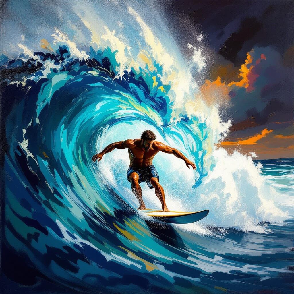 Surfer Rides Colossal Wave in Baroque Style