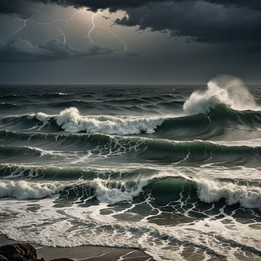 Stormy Sea Under Dark Sky in Romantic Style