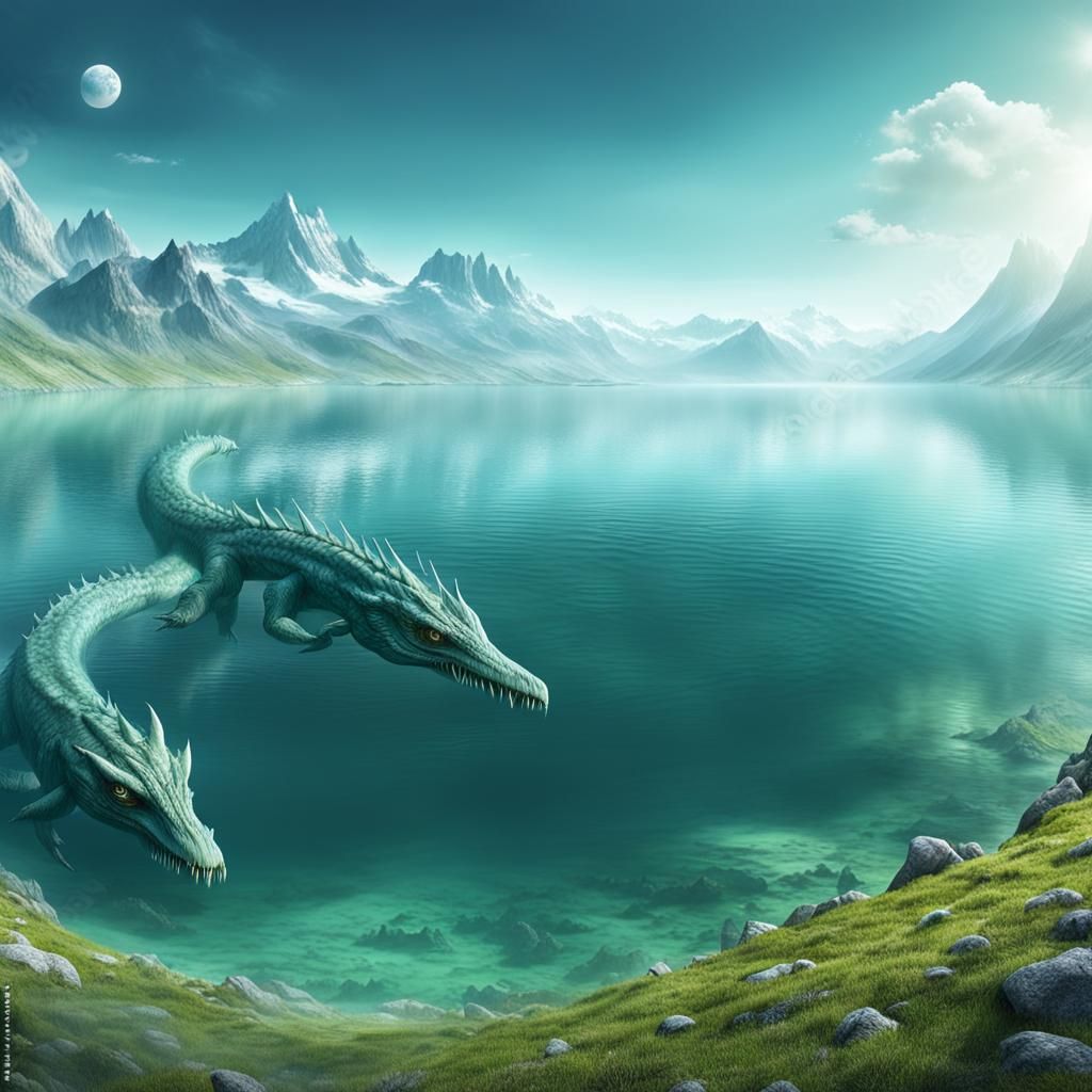 Fantasy Lake with Sea Monster Panoramic View
