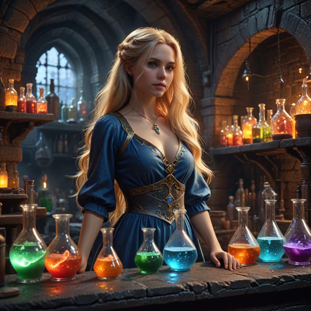 Ethereal Alchemist in a Futuristic Dungeon