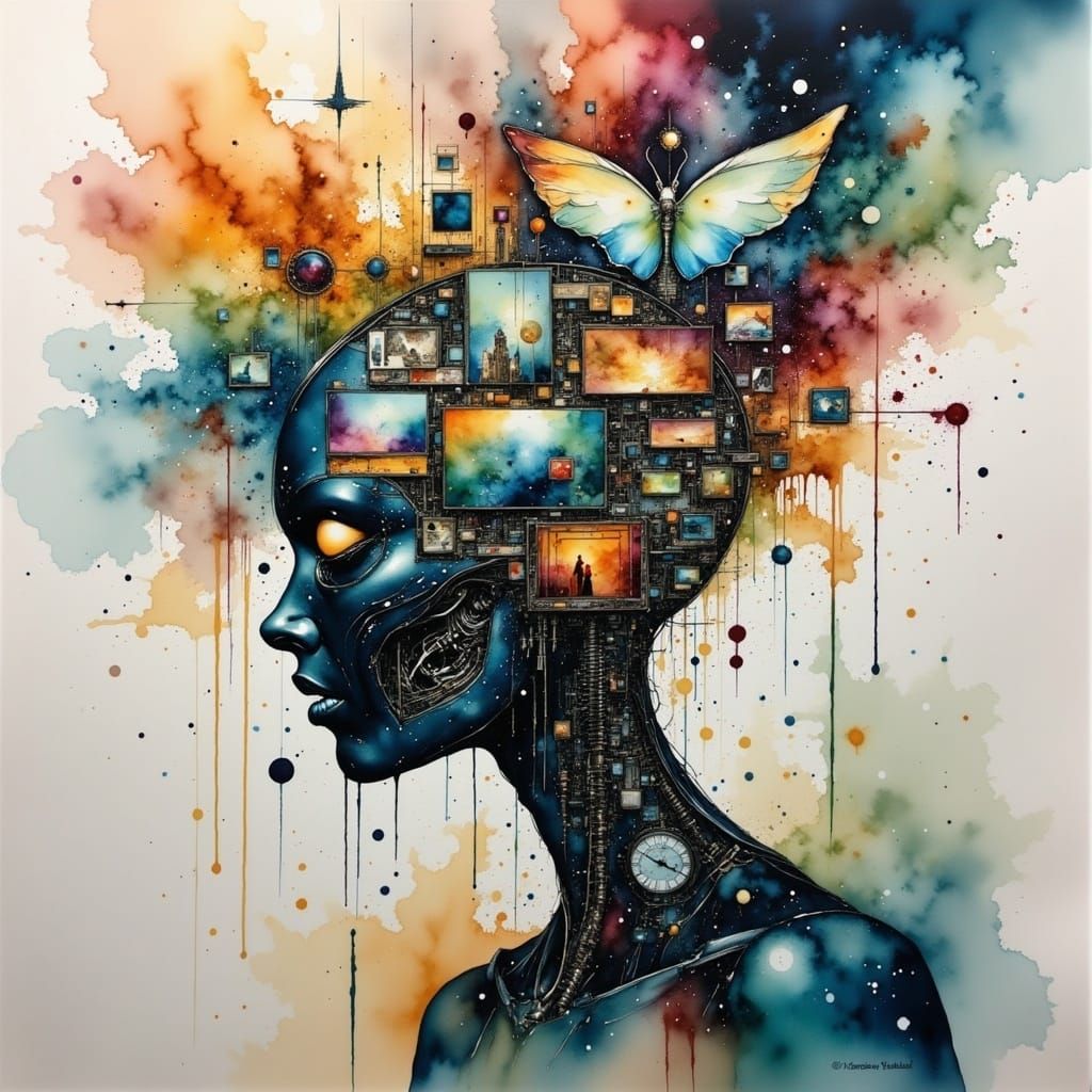 Cyborg Head with Technological Singularity Thoughts