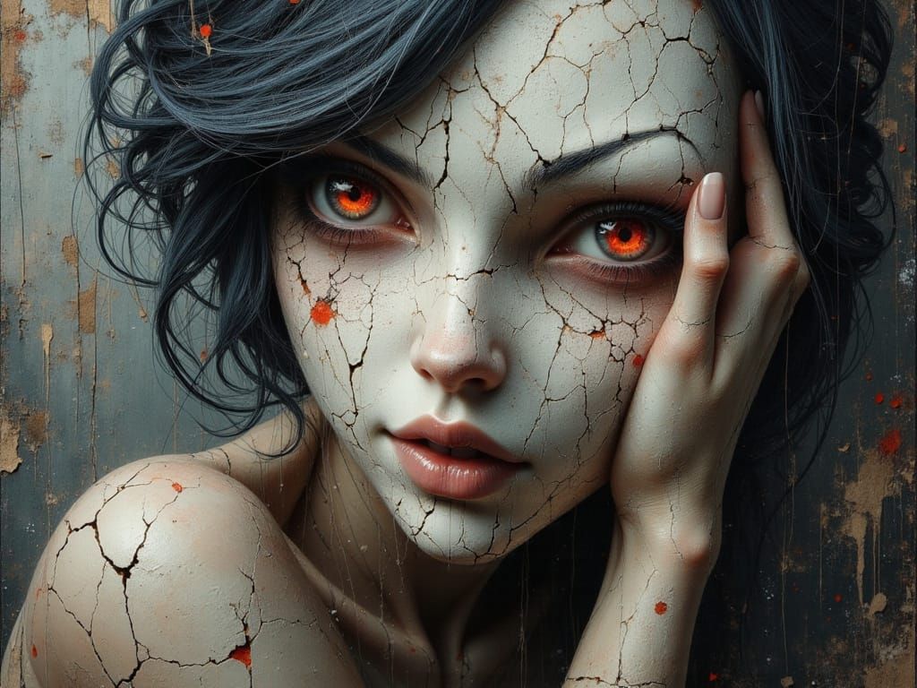 Anime Woman Reveals Villain Face as Impasto Painting