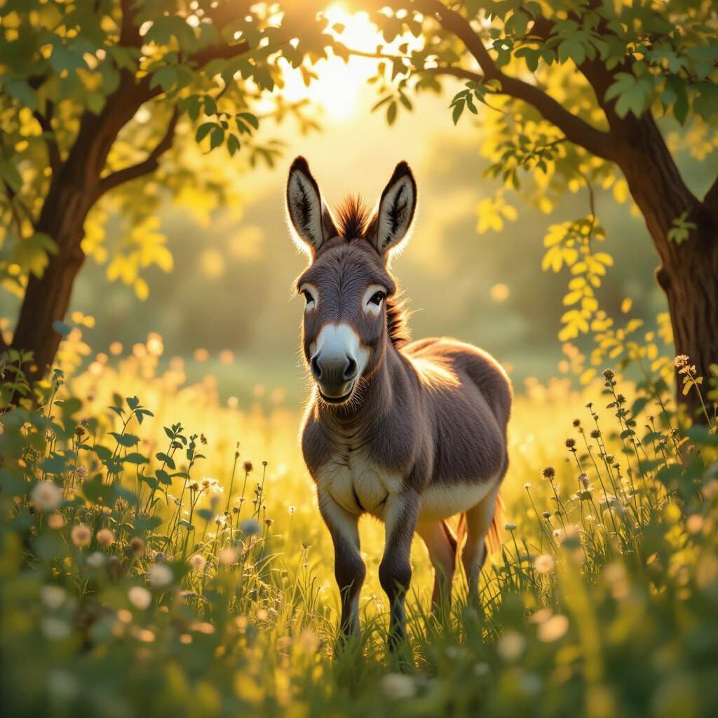 Happy Donkey in Sunny Meadow, Wes Anderson Style