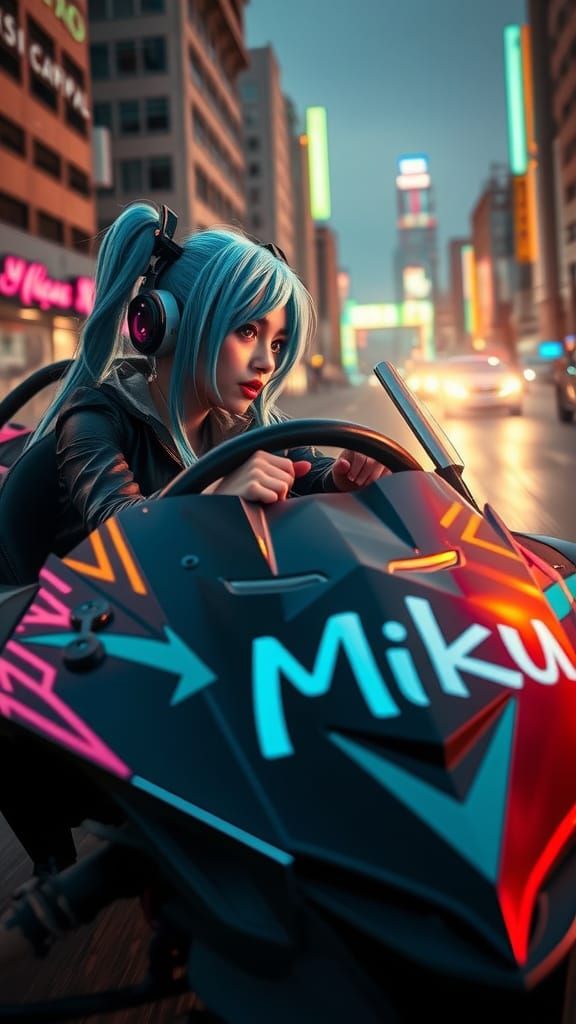 Cyberpunk Icon Miku Speeds Through Dystopian Metropolis