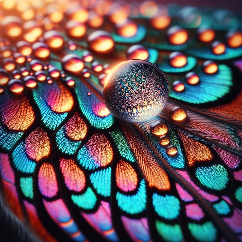 Macro Photo of Butterfly Wing with Dewdrop Reflection