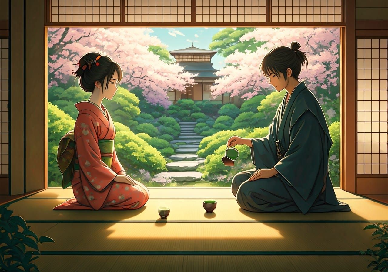 Geisha and Samurai Tea Ceremony in Japanese Wood Print Style