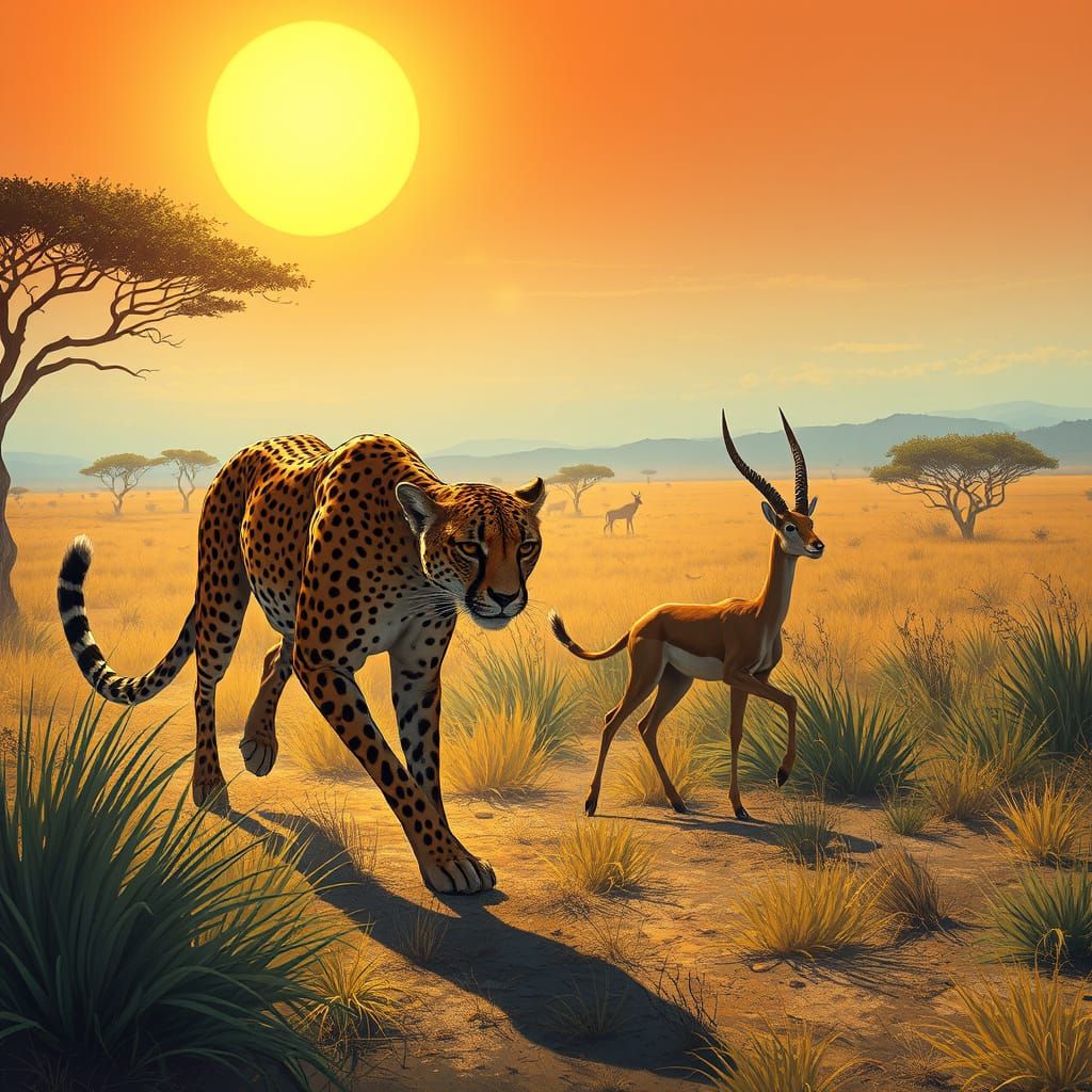 Cheetah Stalks Gazelle on Sunlit Savannah