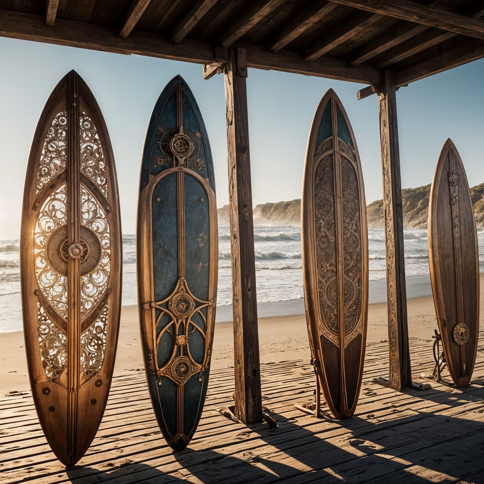 Steampunk Surfboards Adorn Beach