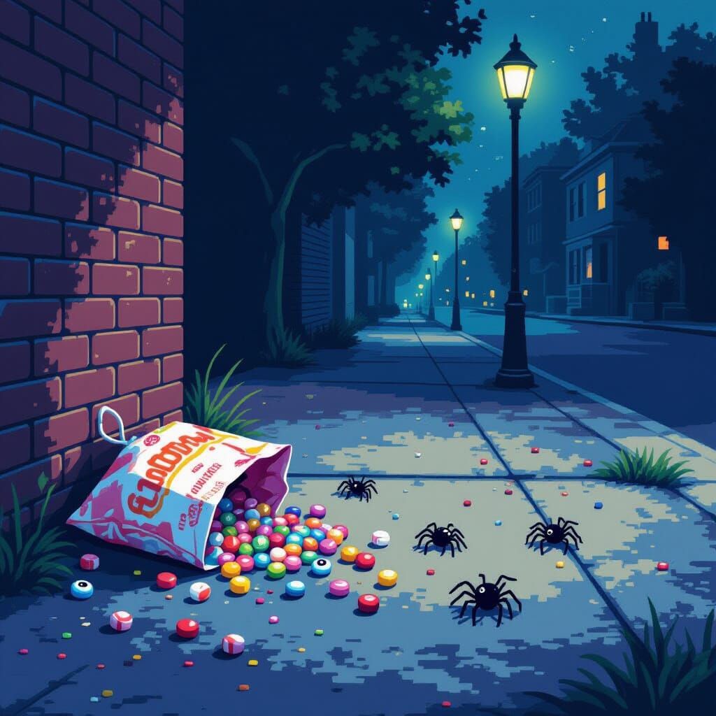 Pixel Art Candy Spiders Crawl Sidewalk at Night