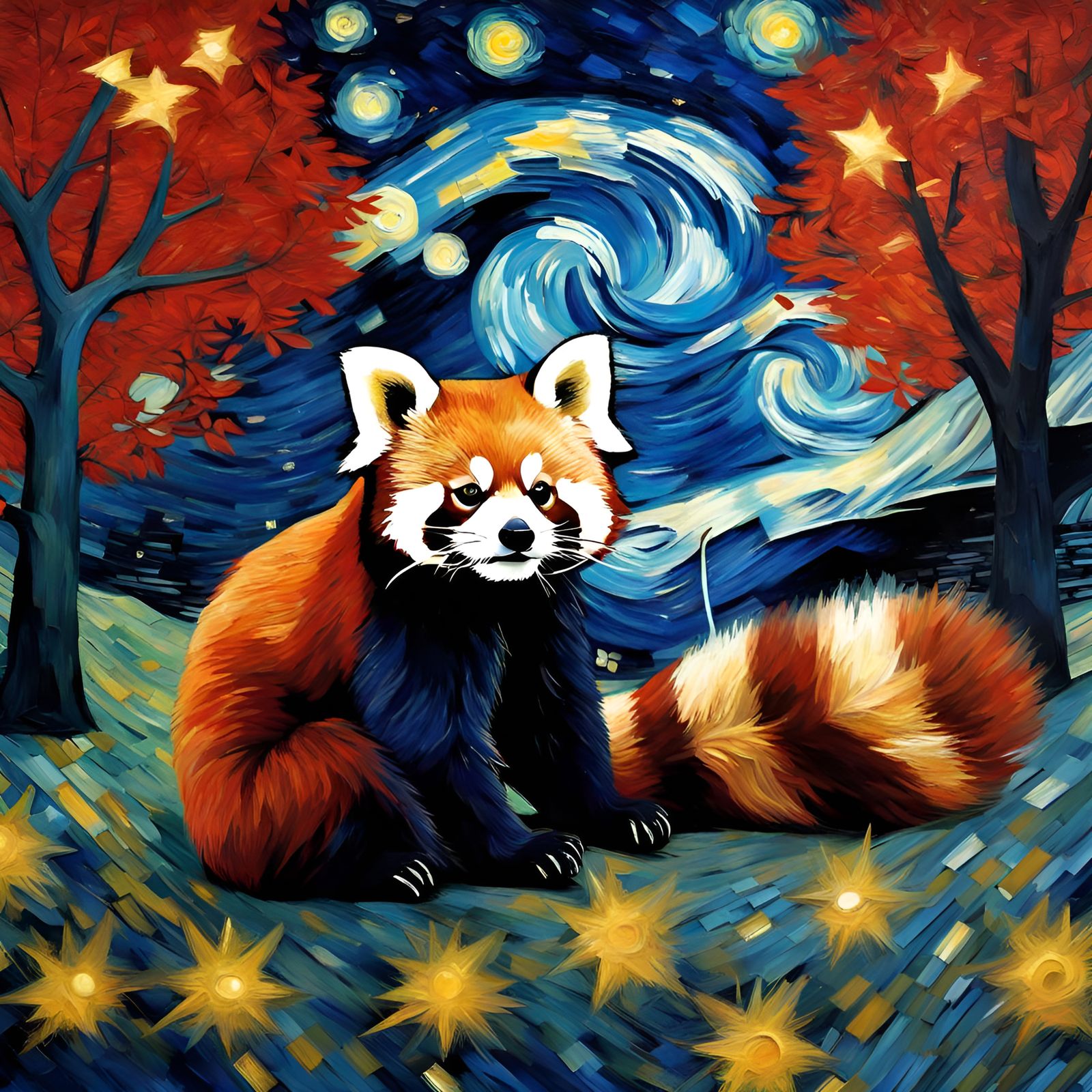 Red Panda in Starry Night Forest: Van Gogh Style