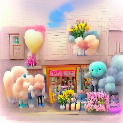 Pastel Toy Shop with Flowers and Candy