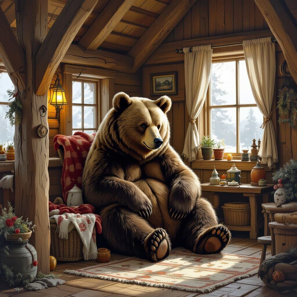 Cozy Bear in Rustic House, Earthy Tones