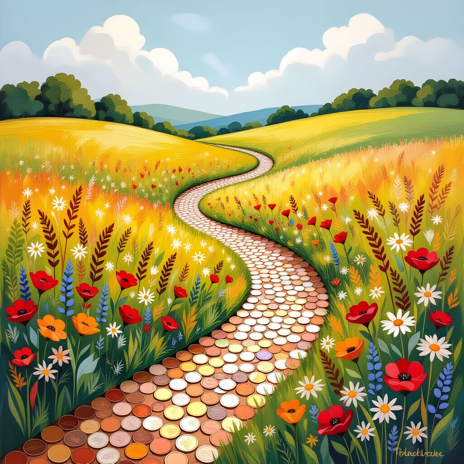 Whimsical Meadow Road of Pennies Gouache Painting