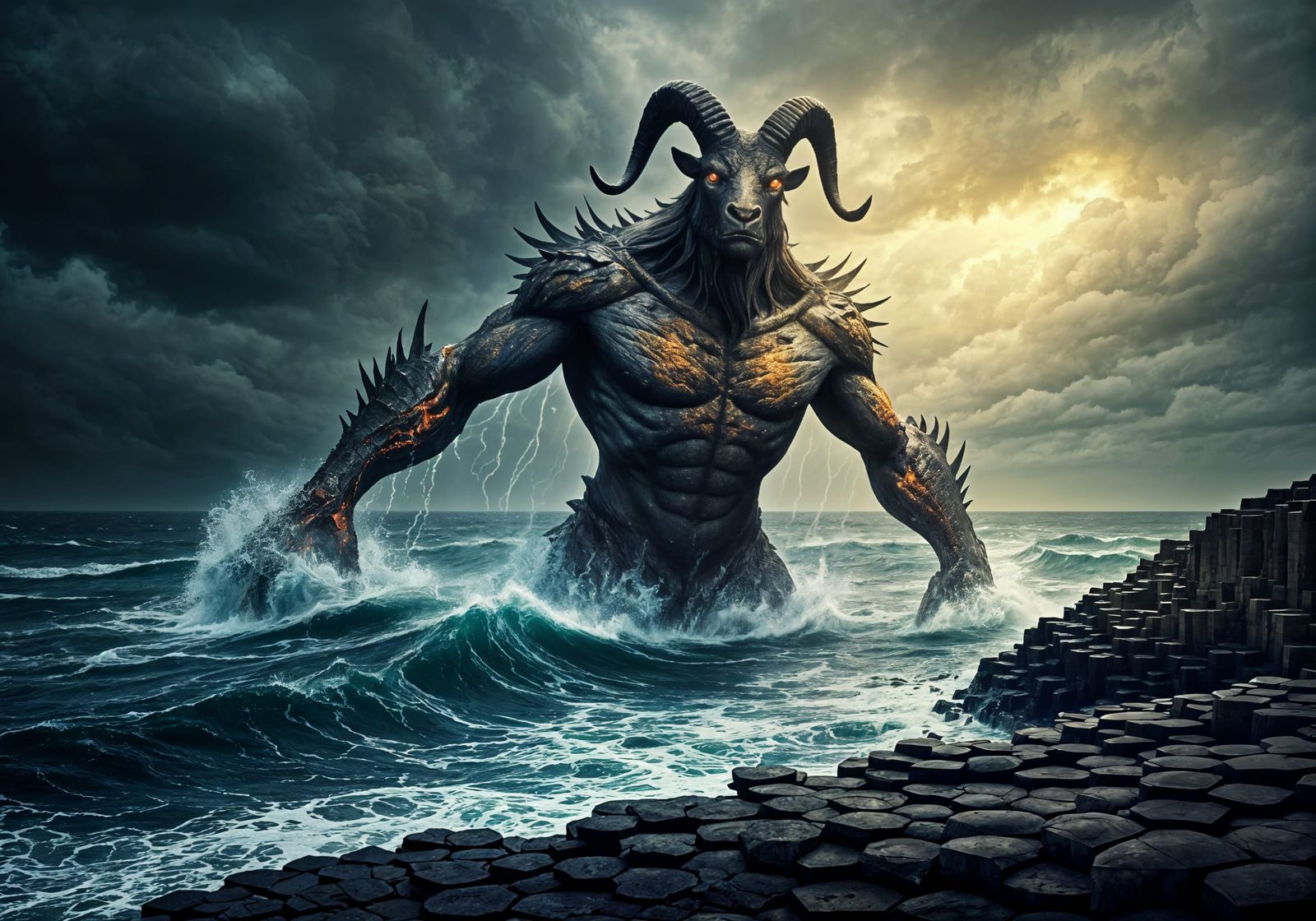 Monstruous Fomorian rising from the Sea by the Giant's Cause...