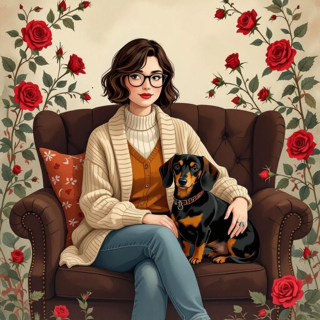 Woman with Dachshund in Folk Art Style