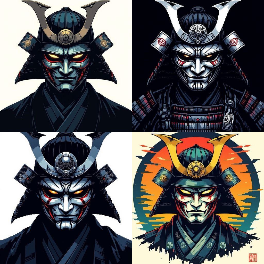 Masked Samurai: High-Contrast Pixel Art Portrait