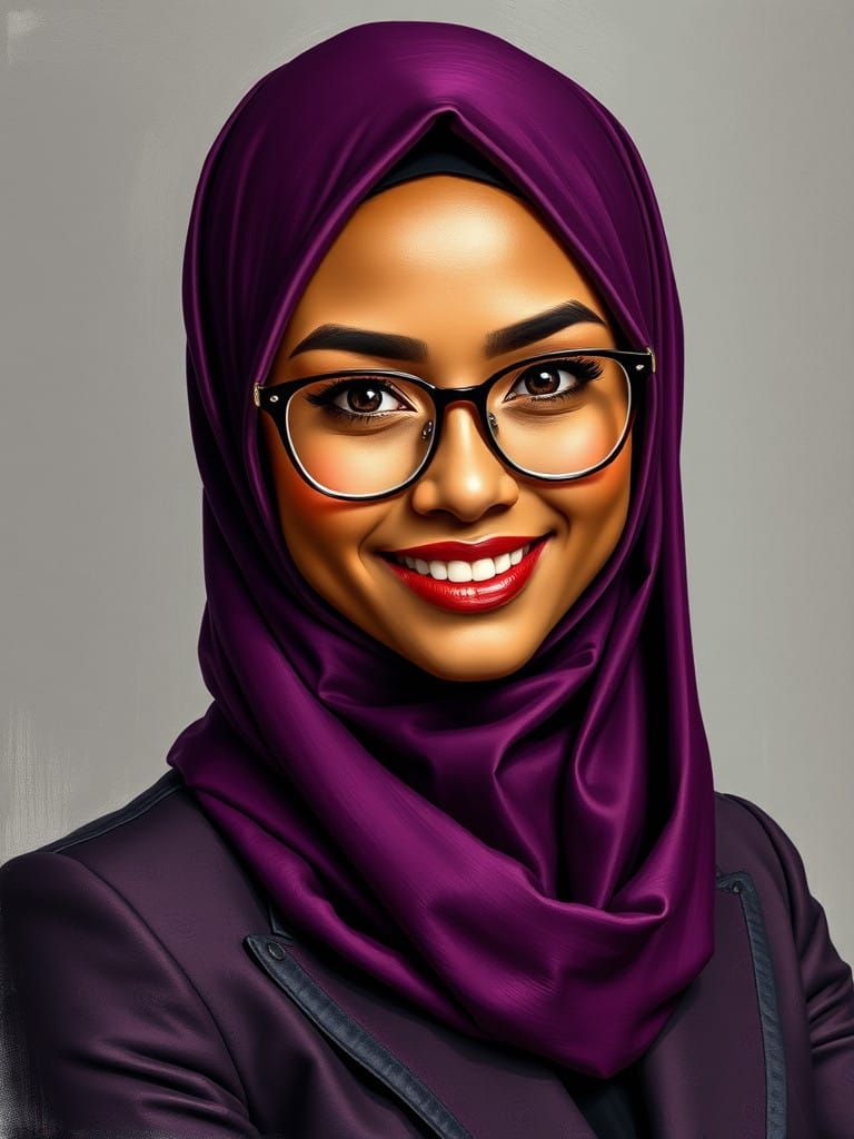 Elegant Brown-Skinned Woman in Plum Hijab and Designer Glass...