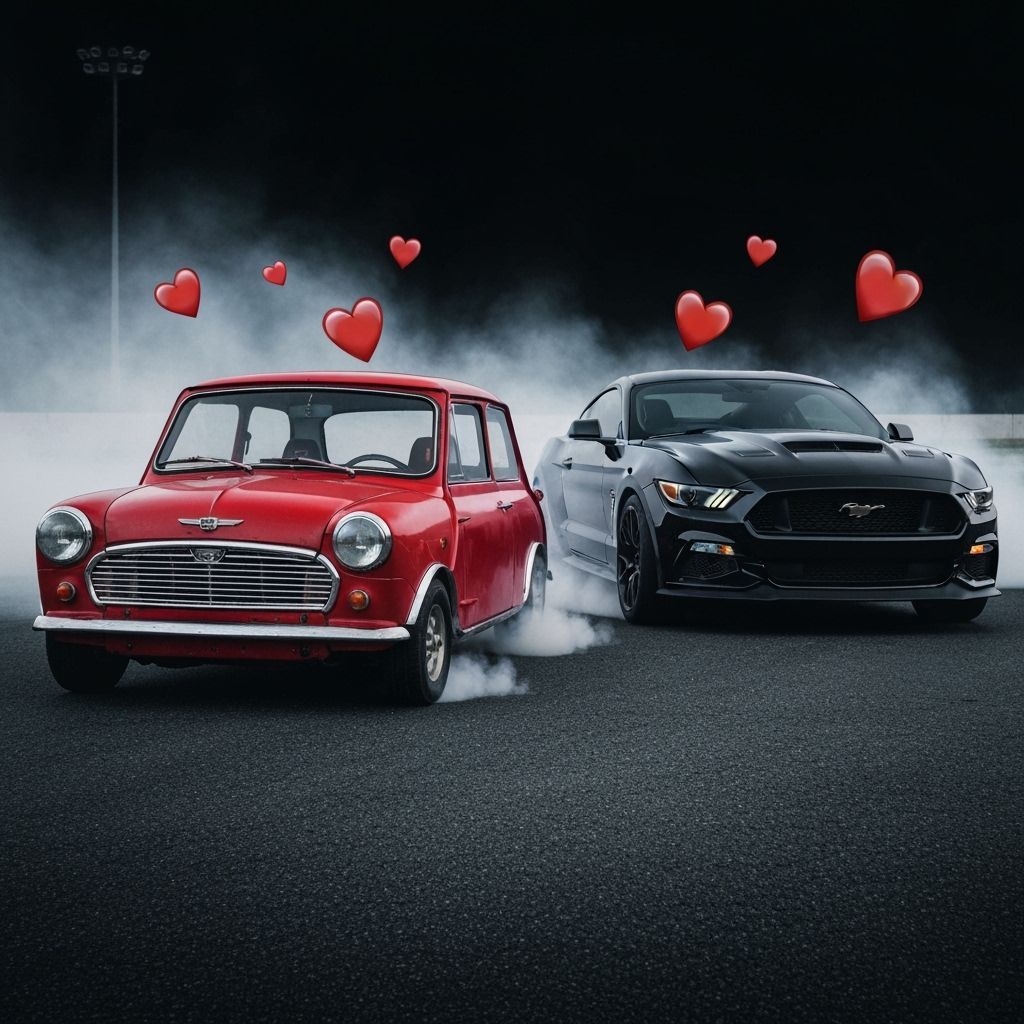 Old battered Red Austin mini side by side  with a new  Black...