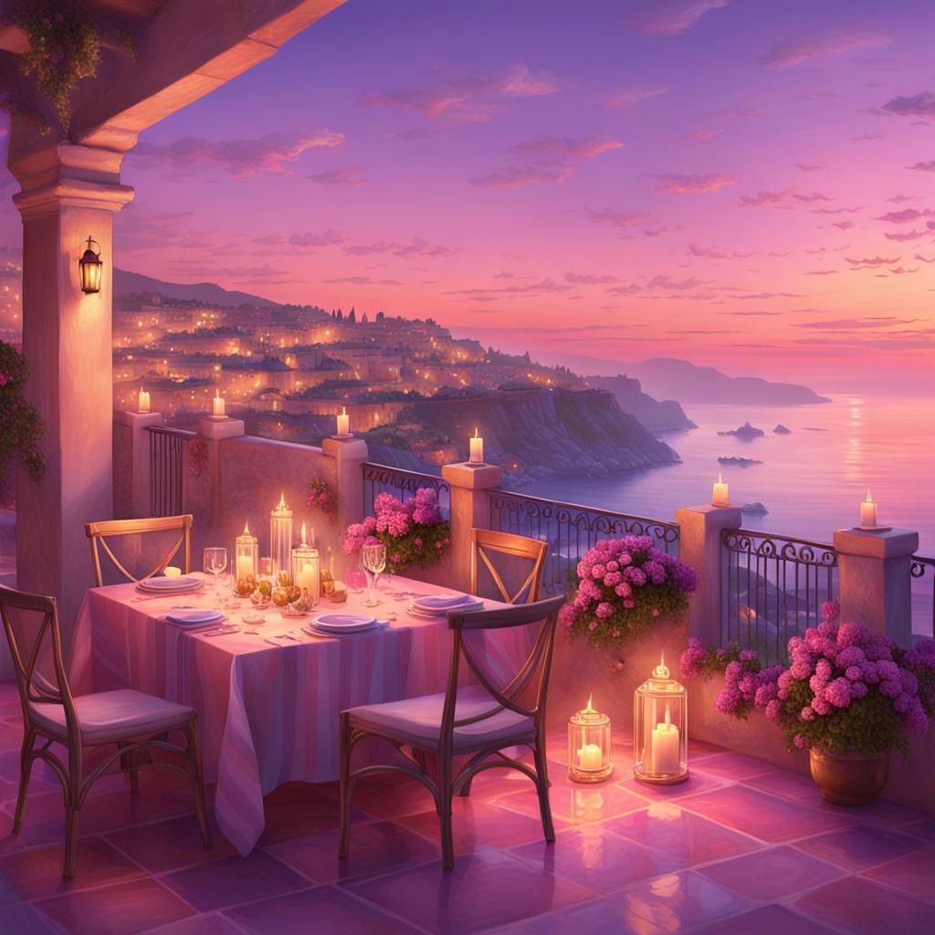Mediterranean Terrace at Dusk: Digital Concept Art