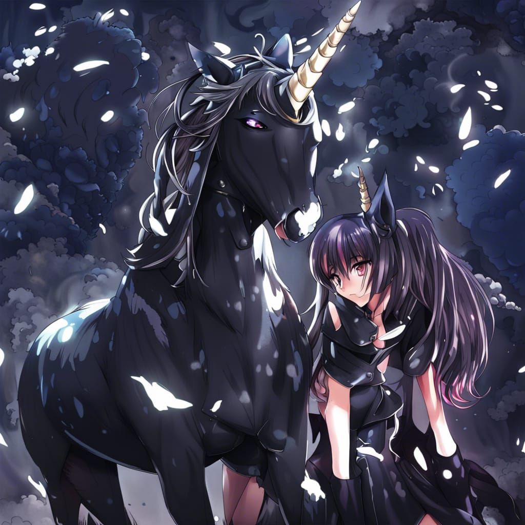 Anime Style Black Unicorn Fantasy Art