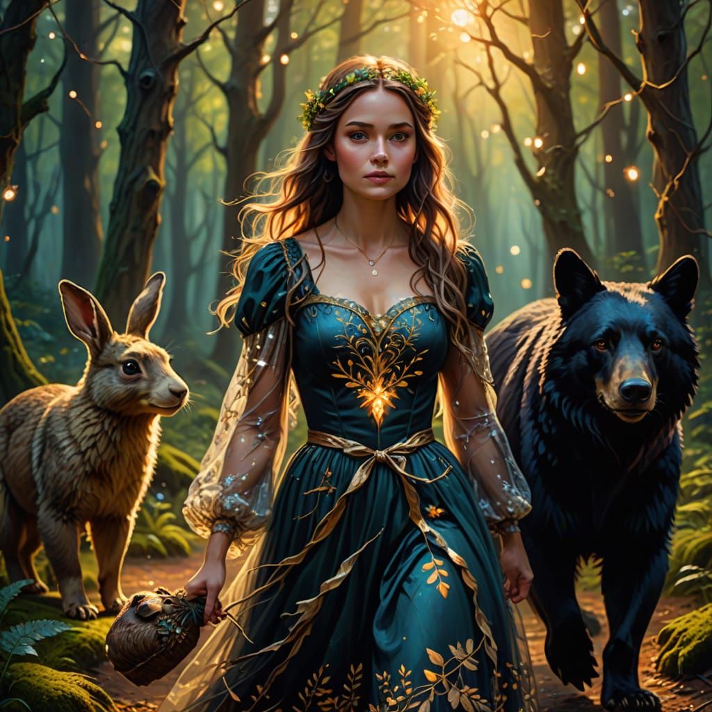 Whimsical Fantasy Woman in Woodland with Enchanted Creatures