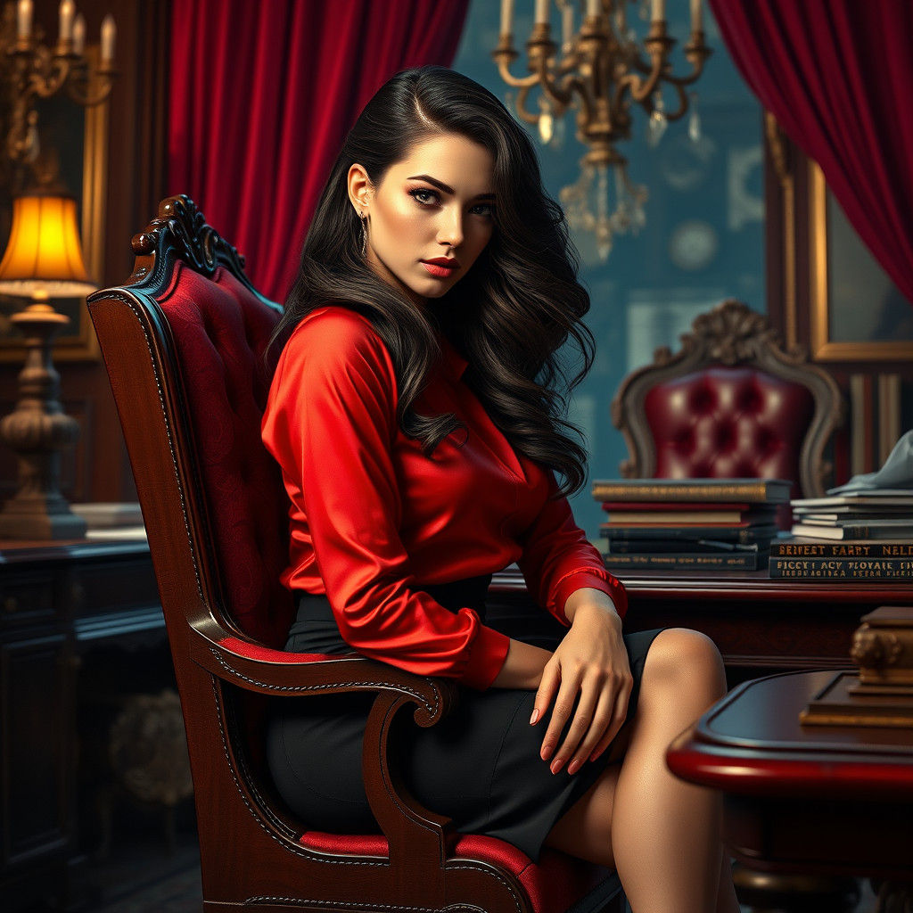 Brunette in Red Blouse at Desk, Digital Matte Painting