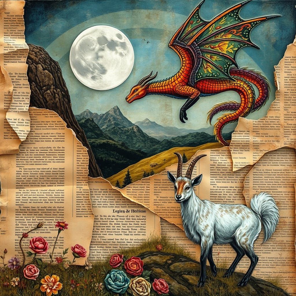 Victorian Dragon Takes Flight Amidst Whimsical Landscape