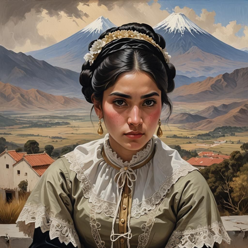 Neoclassical Portrait of Chilean Woman in Andean Landscape