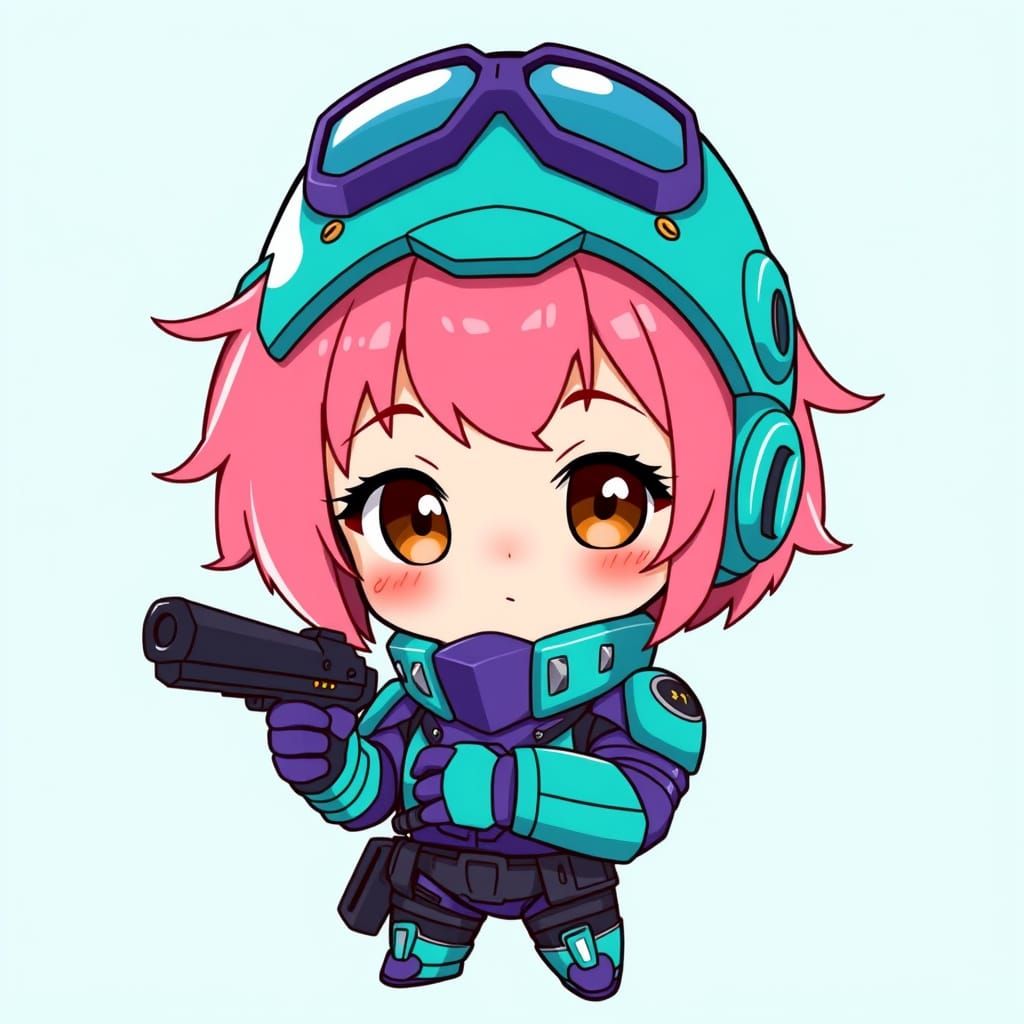 Chibi Girl in Vibrant Teal and Purple Armor