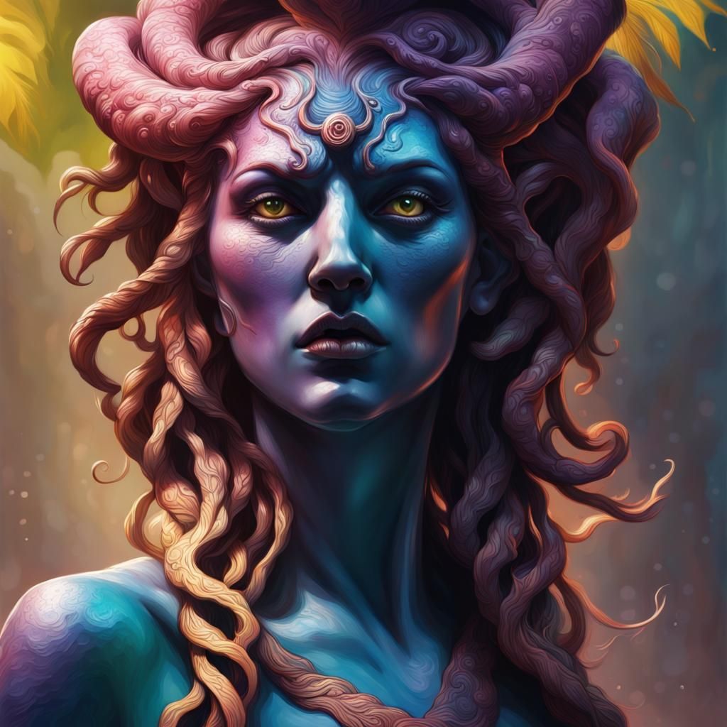 Hyperrealistic Gorgon Portrait in Splash Art Style