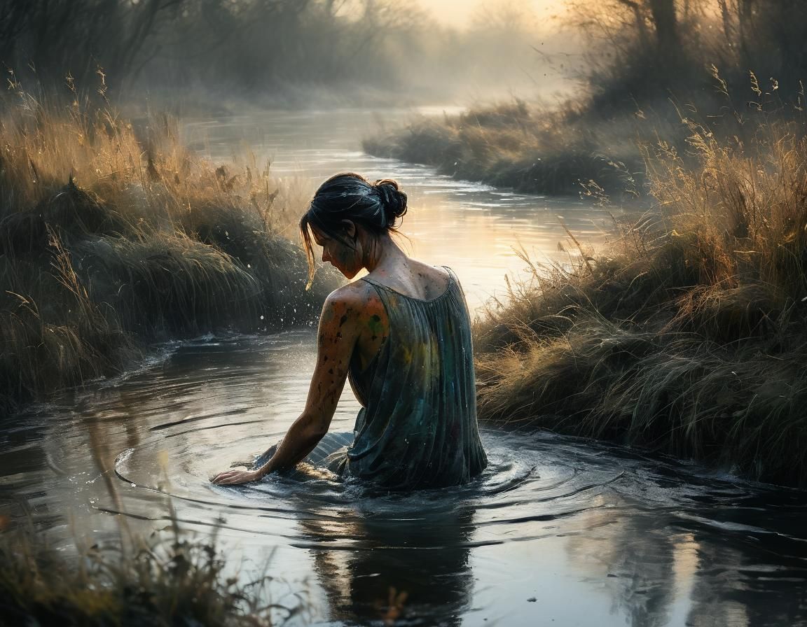 Woman Bathing in River: Watercolour with Ink Splatters
