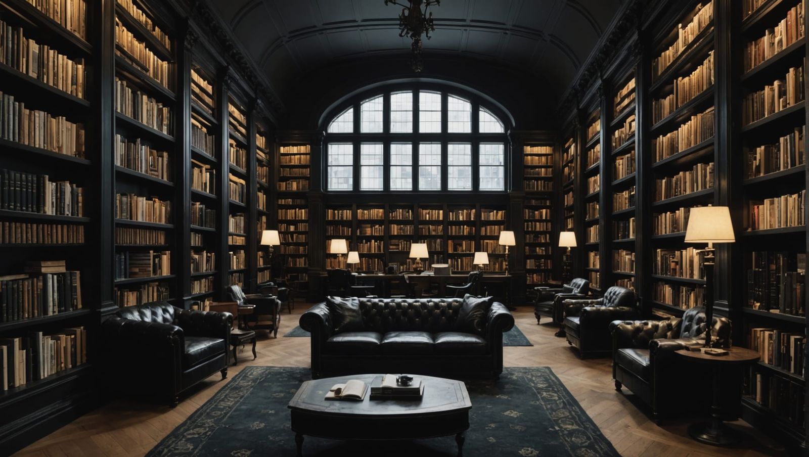 Cozy Library Scene in Noir Cityscape