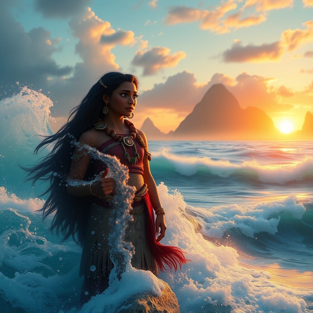 Moana Standing at the Edge of a Serene Turquoise Ocean in a ...