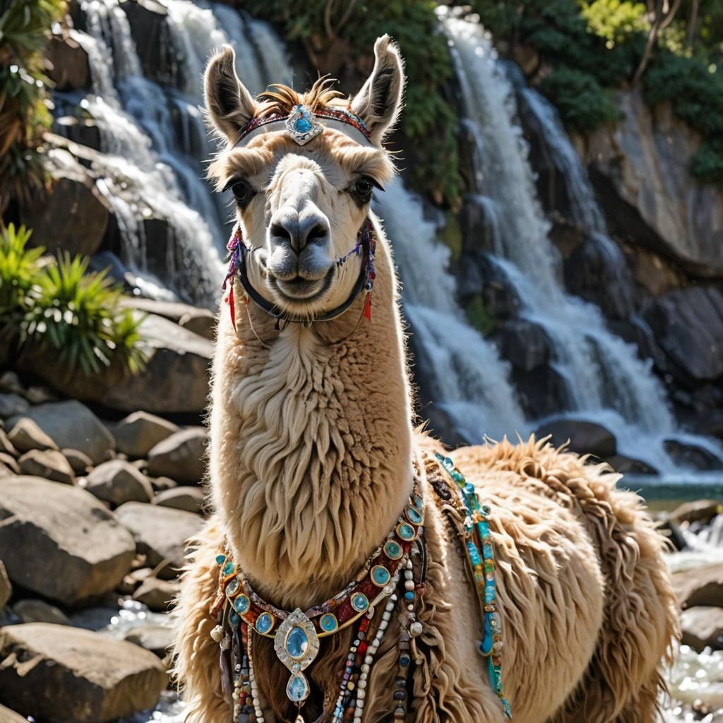 Detailed Llama with Diamond Jewelry Near Waterfall