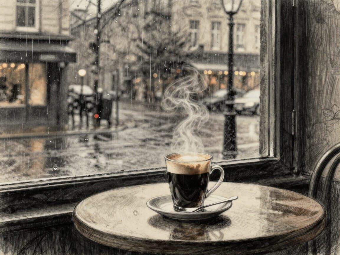 Cozy Cafe Window Steaming Drink Rainy City