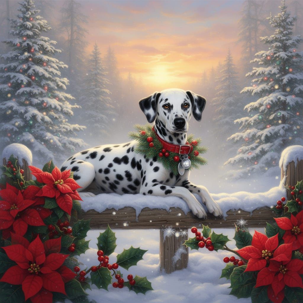 Dalmatian on Snowy Fence in Winter Sunset