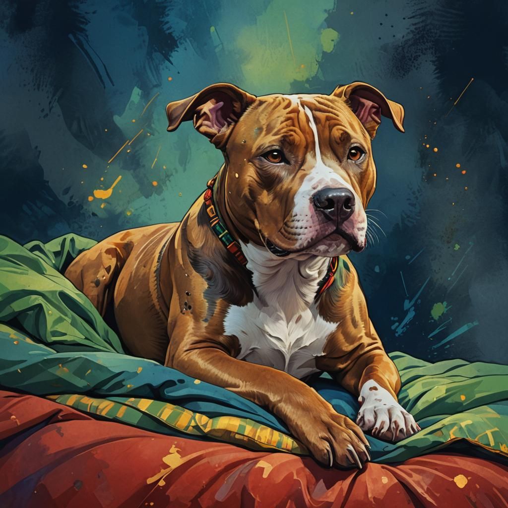 Pitbull dog sleeping in a sumptuous bed.