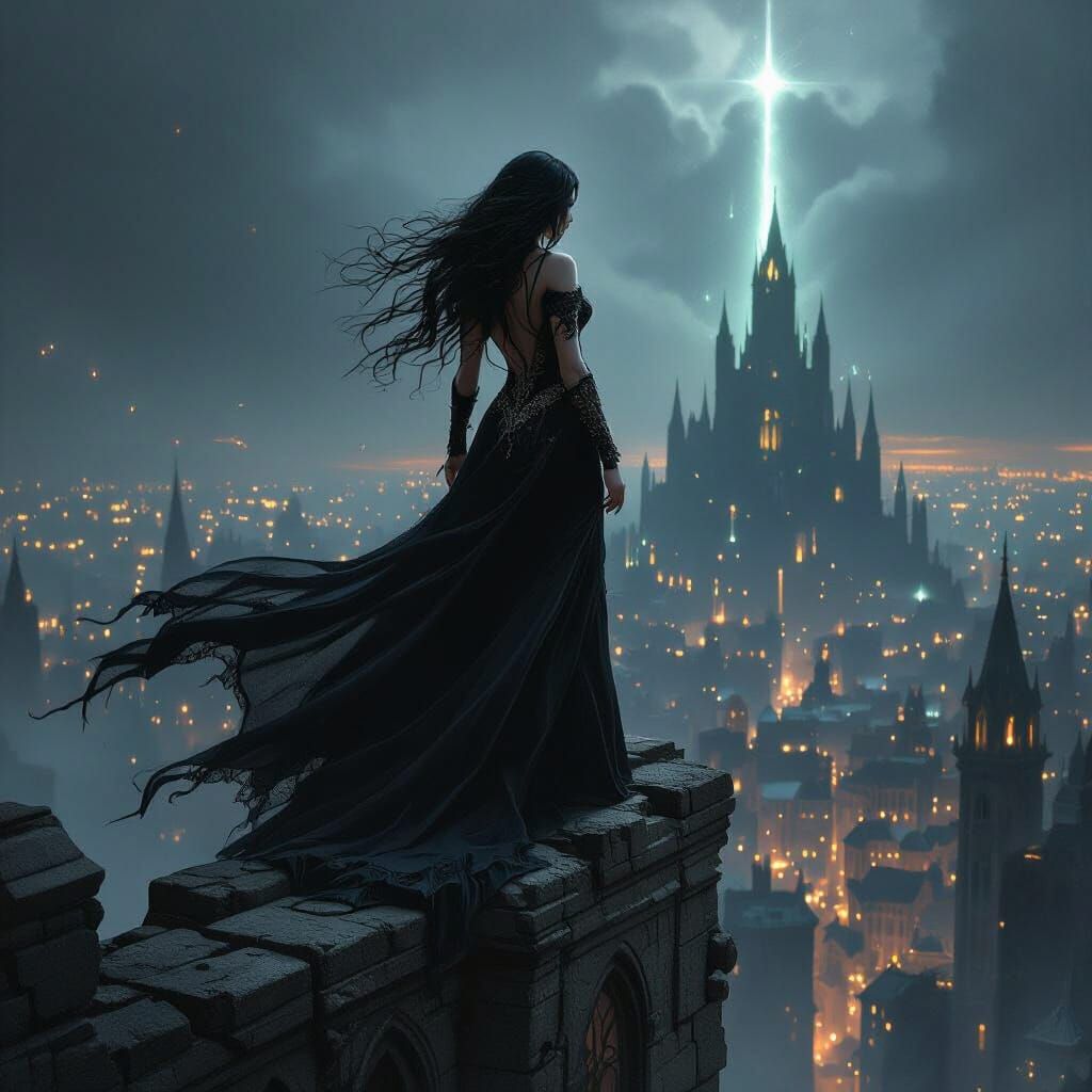 Dark Sorceress Overlooking Corrupted City in Gothic Style