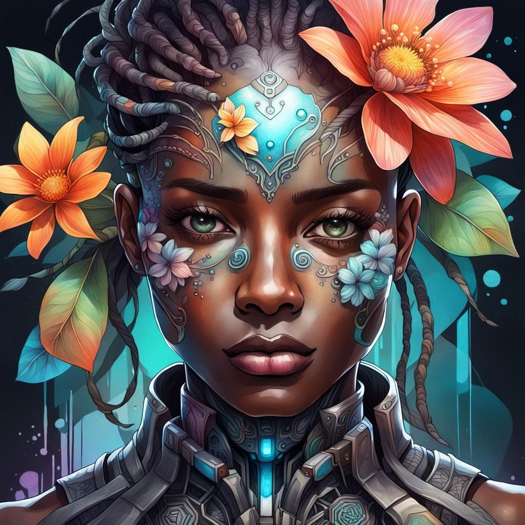 Cyborg Smelling Flower in Watercolour Zentangle Style