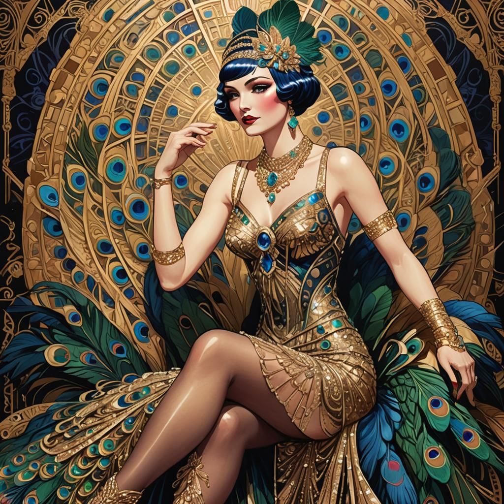 Art Deco Peacock Burlesque Woman in Flapper Gown