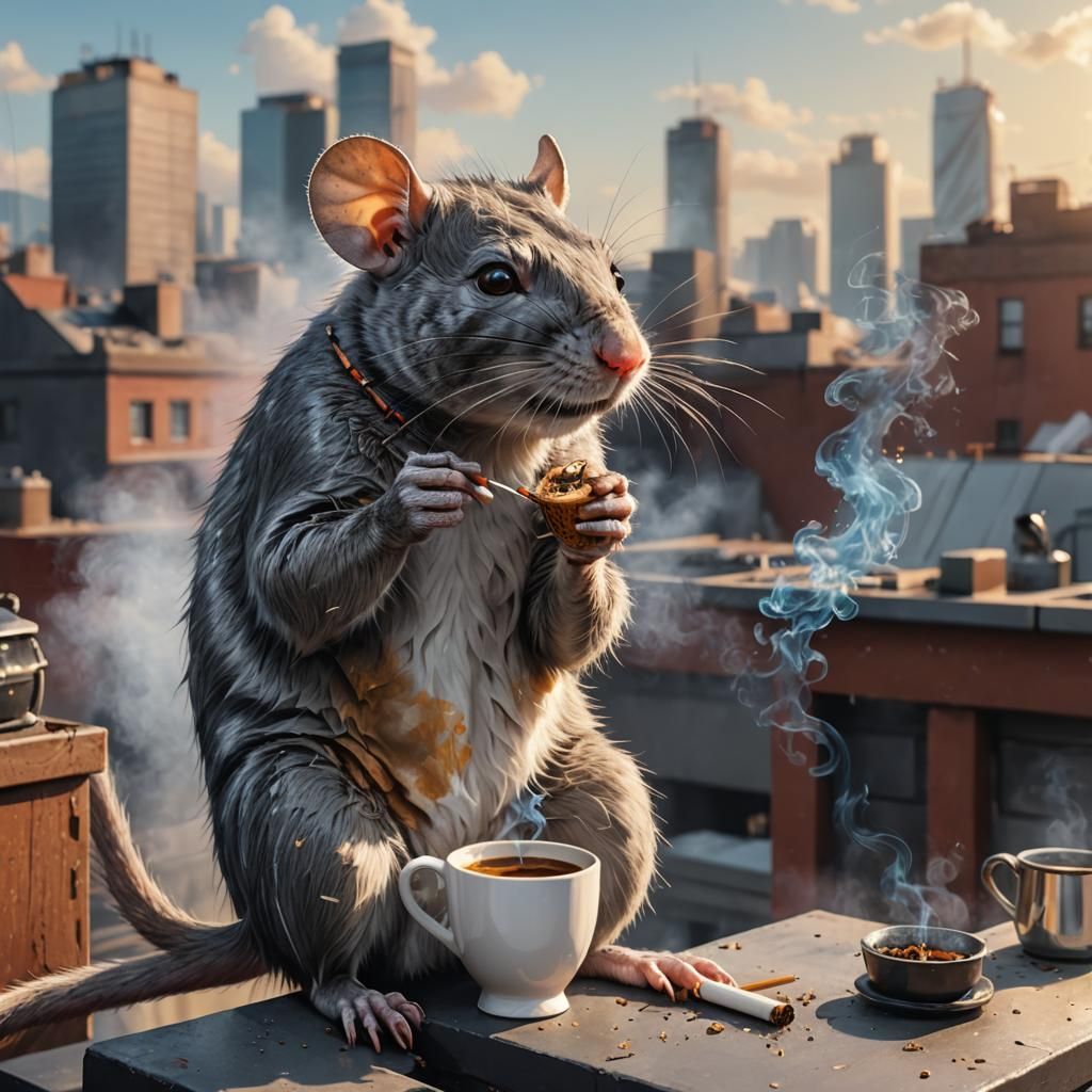 Hyperrealistic Rat Enjoys Morning Coffee on Rooftop